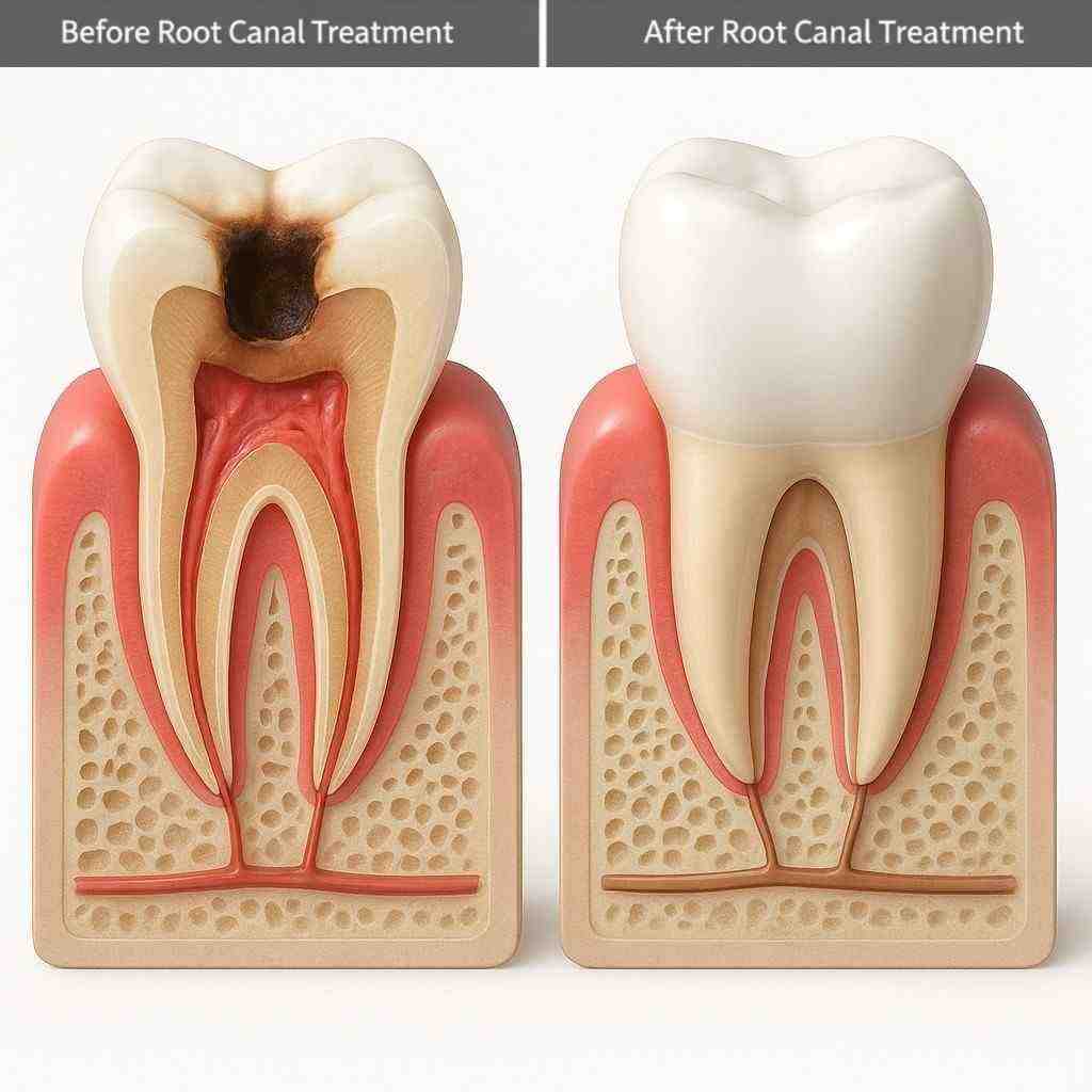 Before and after visual of a molar root canal treatment in Addison, TX
