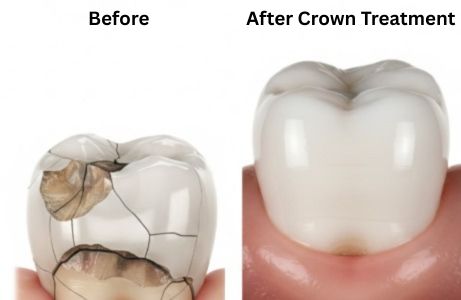 Before and after of a patient's cracked tooth crown in Plano, TX, replaced with a natural-looking CEREC crown by Dr. Vaqar at LiT Dental.