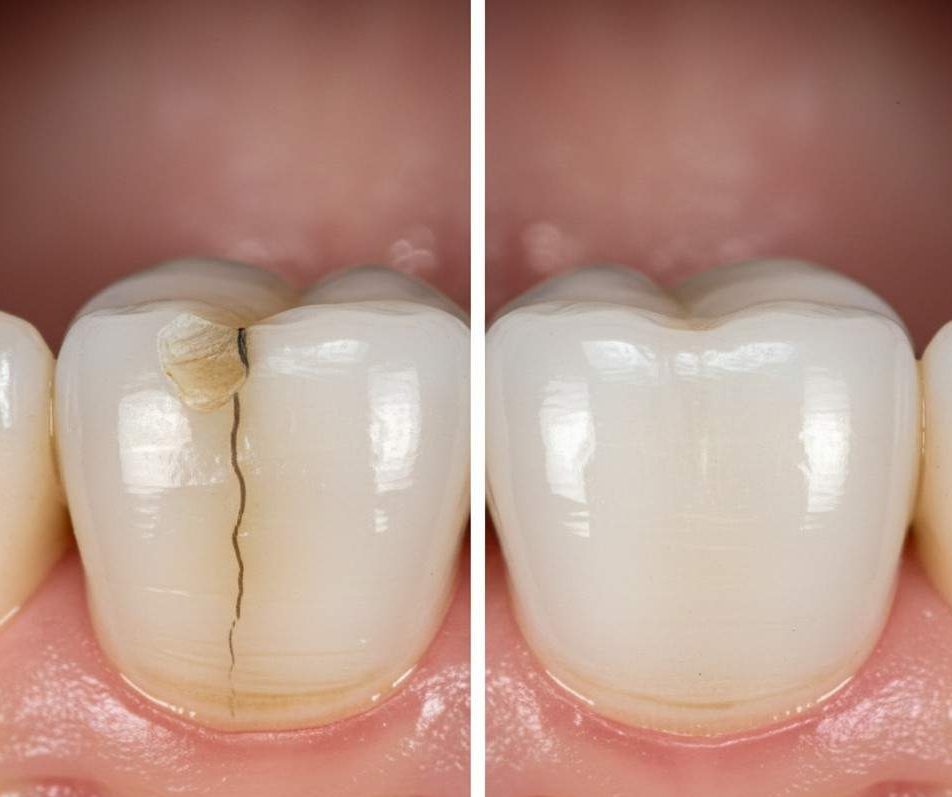 close-up of a single premolar before and after crown restoration.