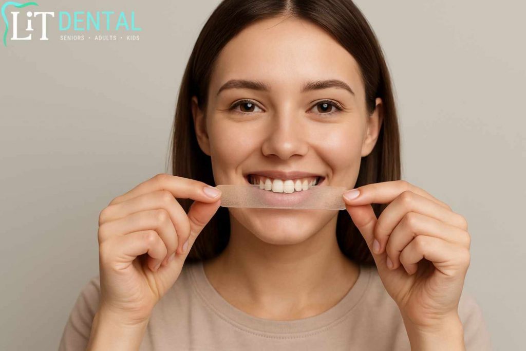 Woman using teeth whitening strip under professional guidance from LiT Dental