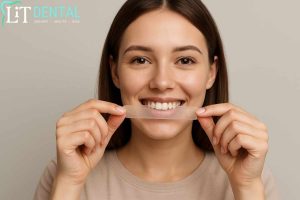 Woman using teeth whitening strip under professional guidance from LiT Dental